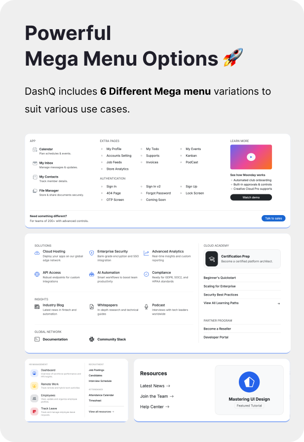 DashQ Dashboard Powerful Mega Menu Options